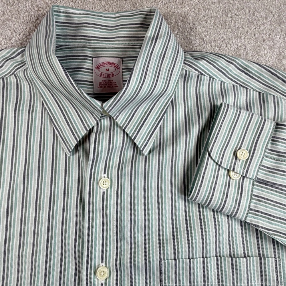 Brooks Brothers Medium Non-Iron Supima Cotton Striped Button Down Shirt Green